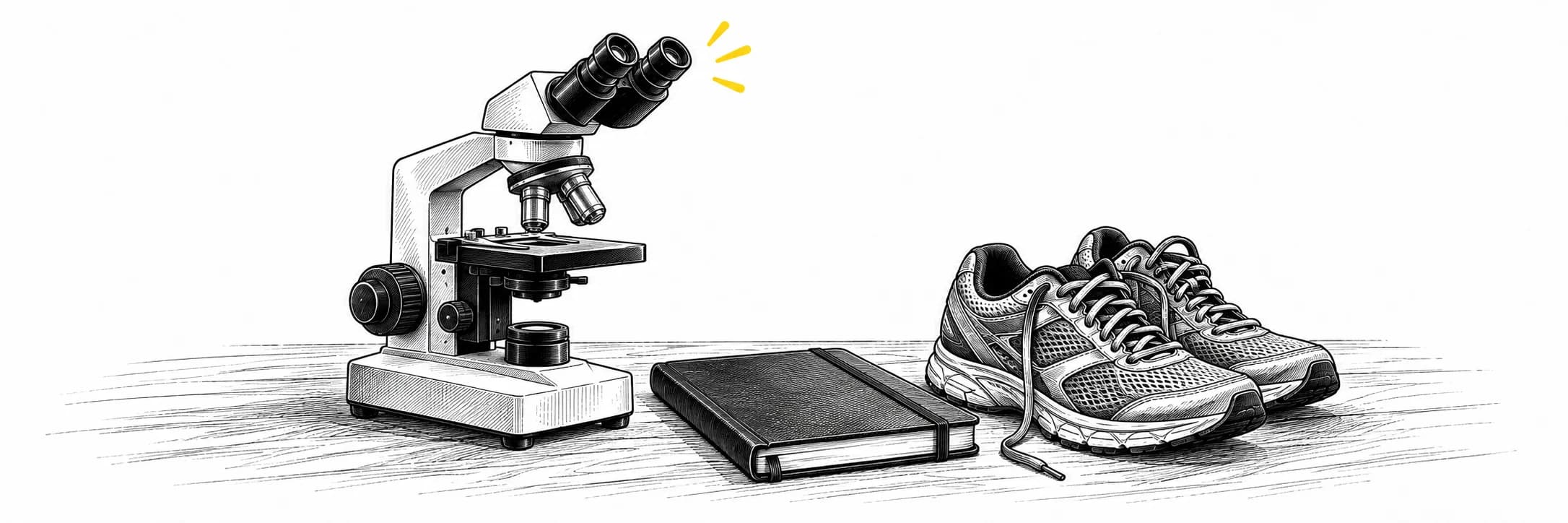 Ink illustration: Microscope, notebook and running shoes