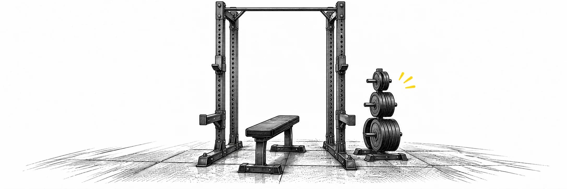 Ink illustration: Squat rack, flat bench and weight plates