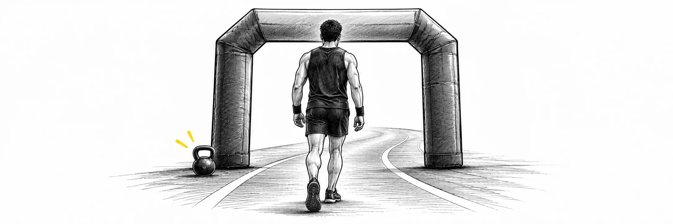 Ink illustration: Athlete approaching a race arch
